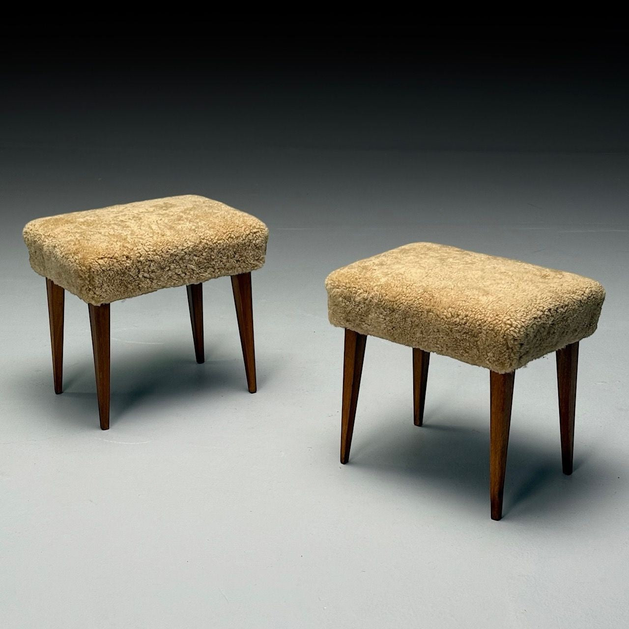 Mid-Century Modern, Footstools, Honey Sheepskin, Stained Wood, Italy, 1950s
