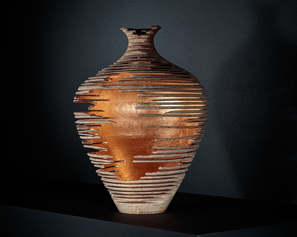Marc Fish, Contemporary, Ash, Rose Gold Leaf, Three Triptych Vessels, UK, 21st c