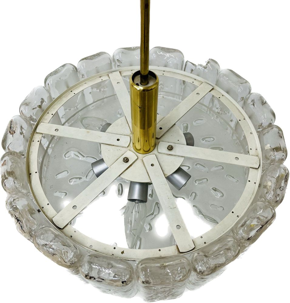 Small Circular German Mid-Century Modern Ice Glass Chandelier / Pendant, 1970s