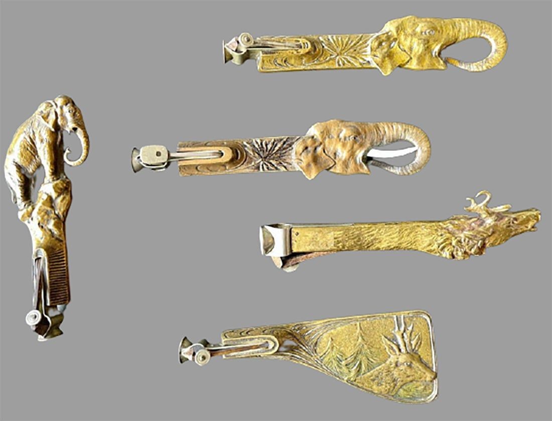 Collection of 5 Antique Metal Cigar Cutters Deer and Elephants