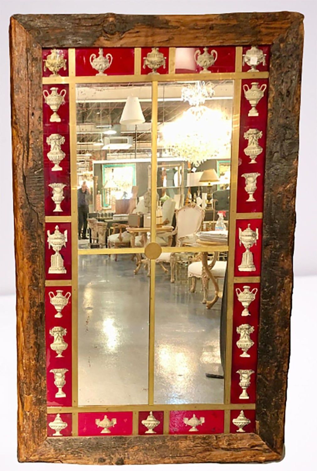 Rustic Italian Wall Mirror with Reverse Painted Classical Vases and Urns