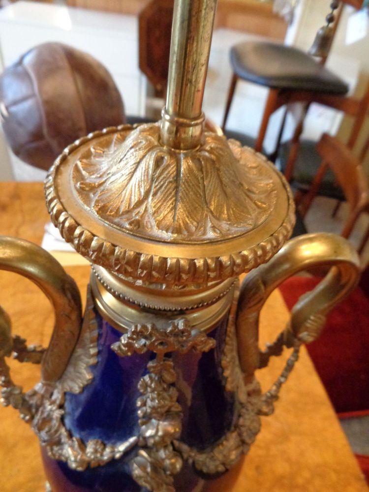 Sevres Style Cobalt Blue Porcelain & Bronze Swan Handle Urn Mounted as a Lamp