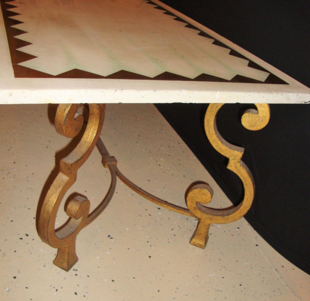 Hollywood Regency French Brass Base Coffee Cocktail Table Inlaid Marble Top
