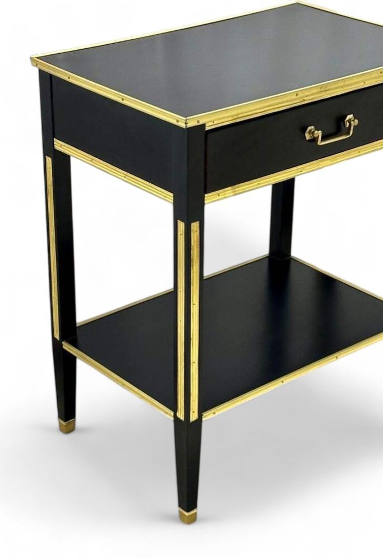 Maison Jansen Style, Hollywood Regency, Nightstands, Black Painted Wood, Brass