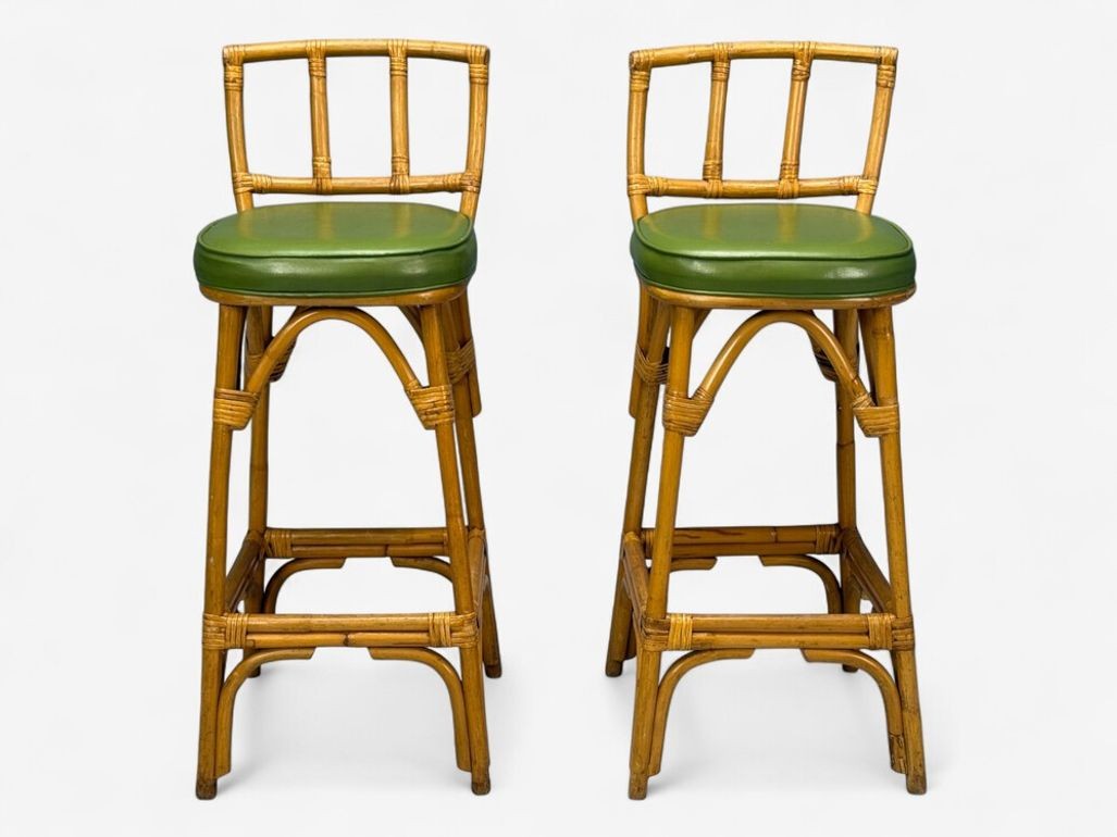 Dutch Modern, Bamboo, Green Leather, Three Barstools, Netherlands, 1970s