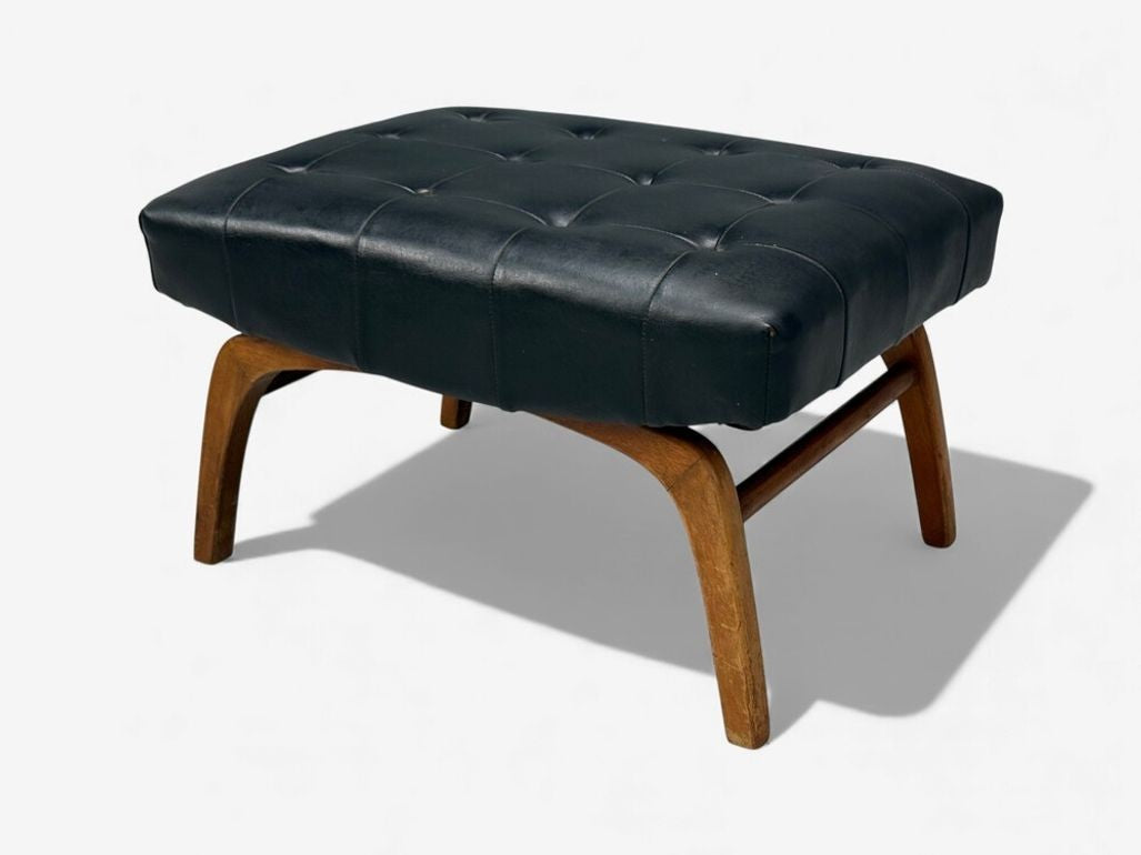 Danish Modern, Black Leatherette, Stained Wood, Footstool, Denmark, 1950s