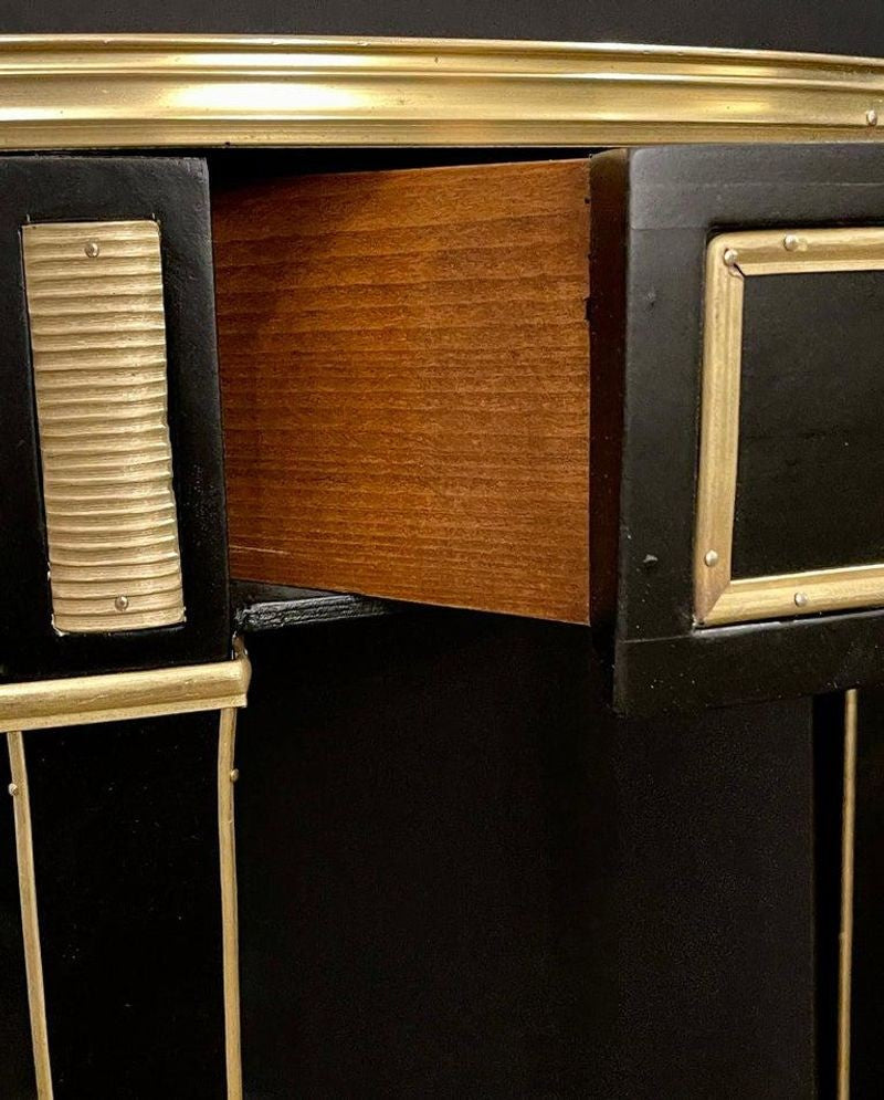 Hollywood Regency Ebony Bouillote or End Tables, Manner Jansen Mirror Tops, Pair