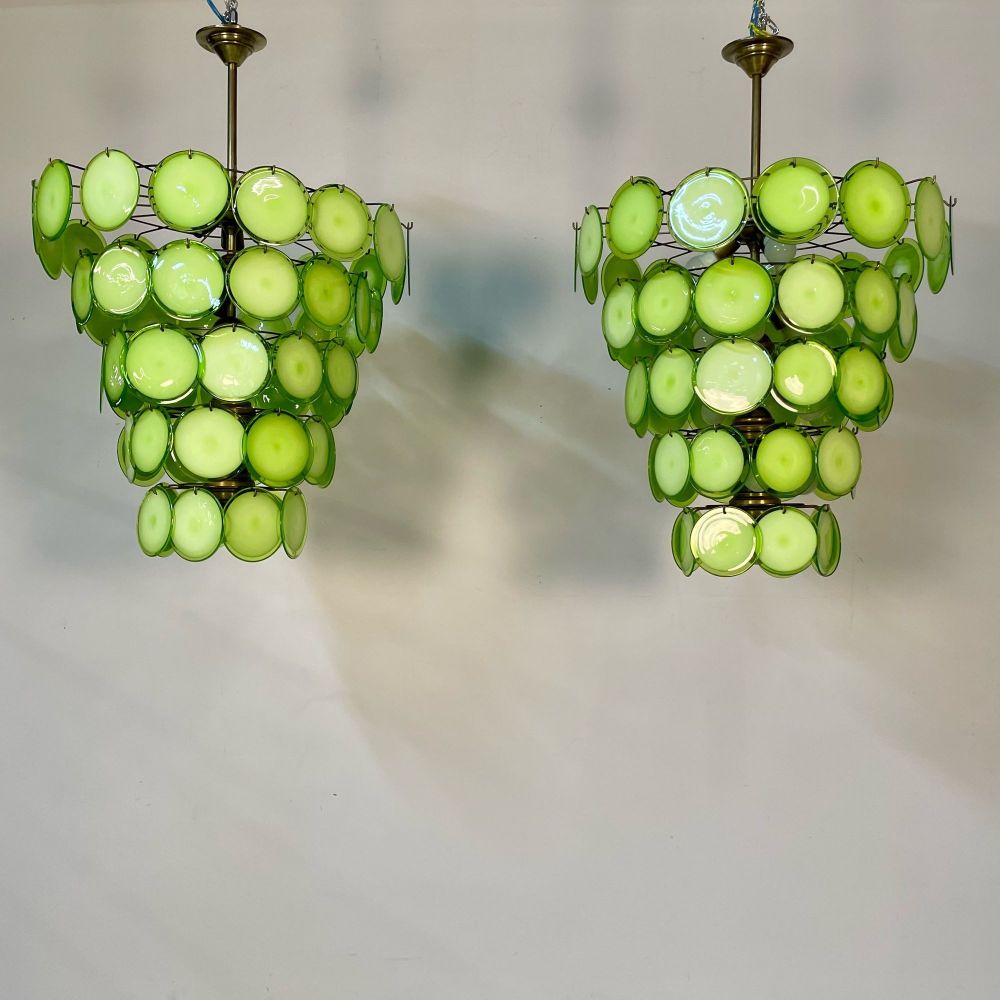 Pair of Murano Disc Mid-Century Modern Chandeliers, Antique Brass, New Wired