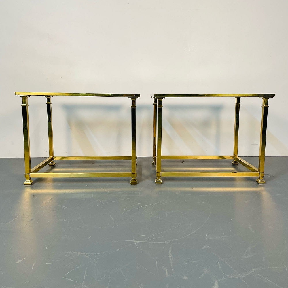 Pair Hollywood Regency Mastercraft Brass, Glass End / Side Tables, Mid-Century