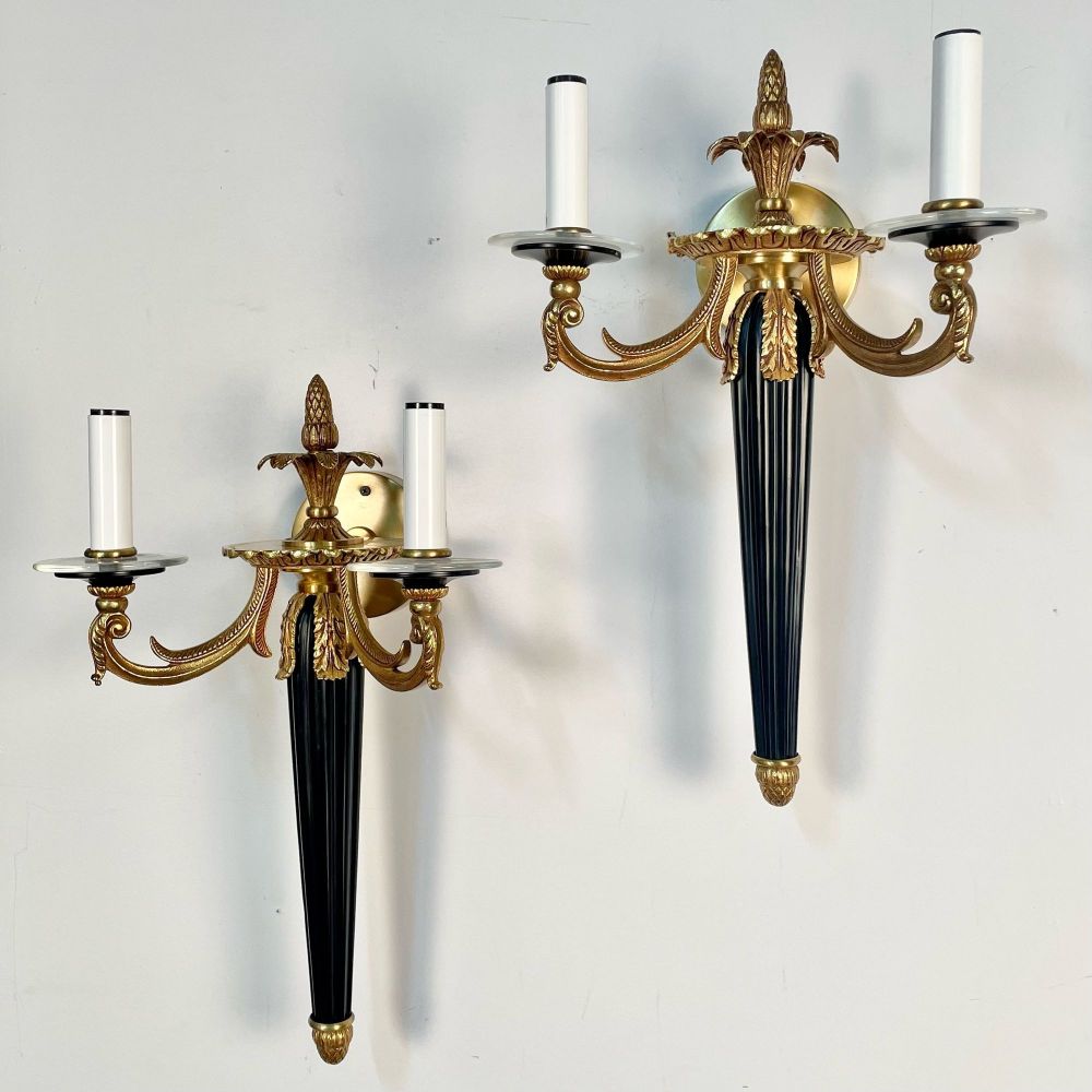 Pair Louis XVI Style French Sconces / Wall Lights, Ebony, Bronze, Maison Bagues