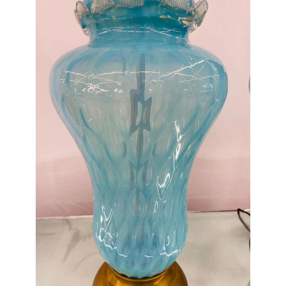 Pair of Italian Mid-Century Modern Murano Glass Table Lamps, Turquoise, Brass