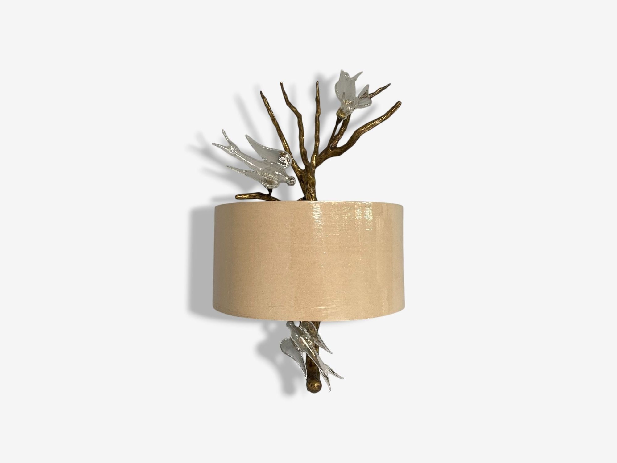 Brutalist Modern, Hammered Bronze, Crystal, Linen, Bird Wall Sconces, 21st C.