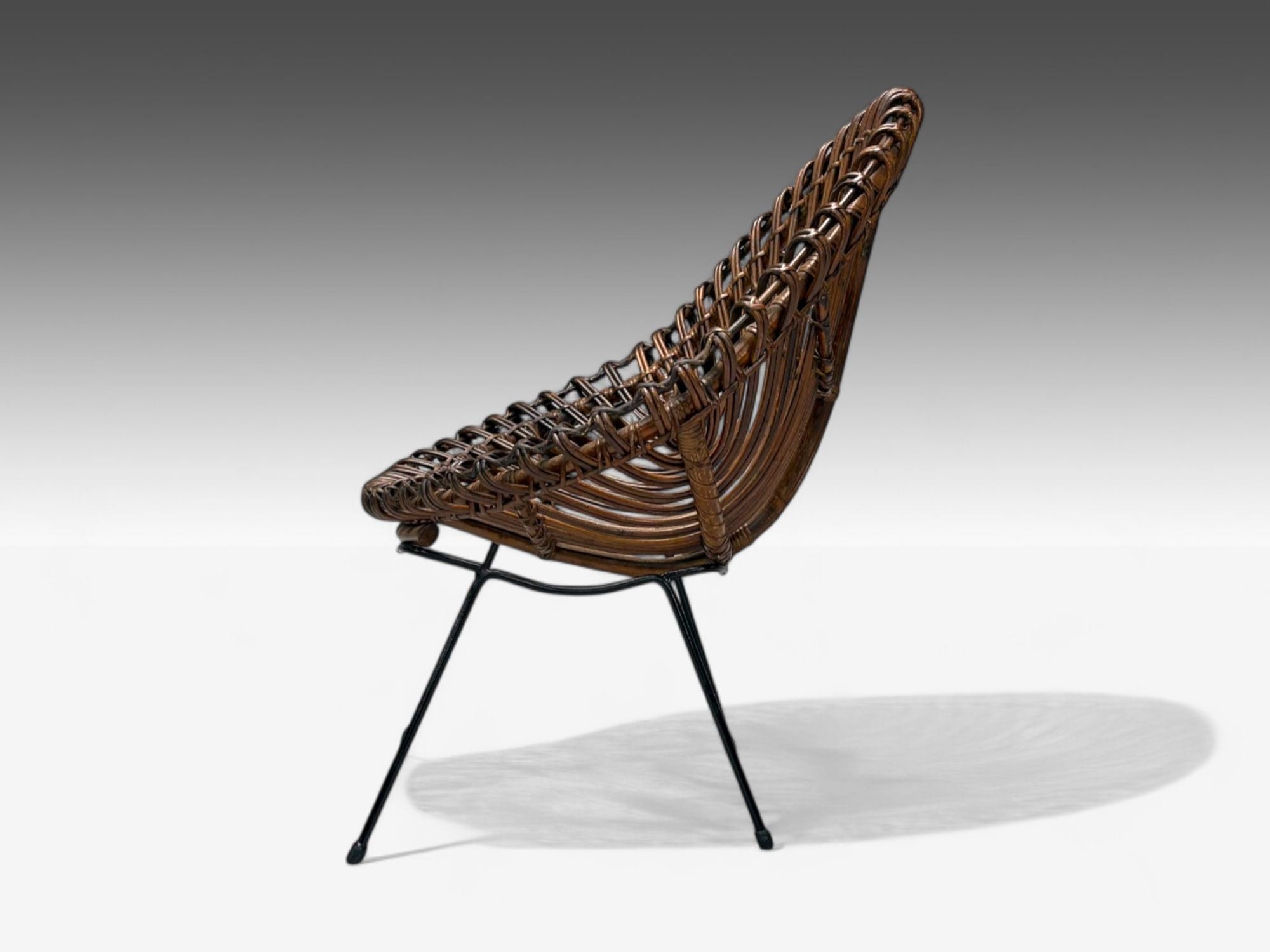 Italian Modern, Metal, Bamboo, Rattan, Lounge Chair, Italy, 1950s