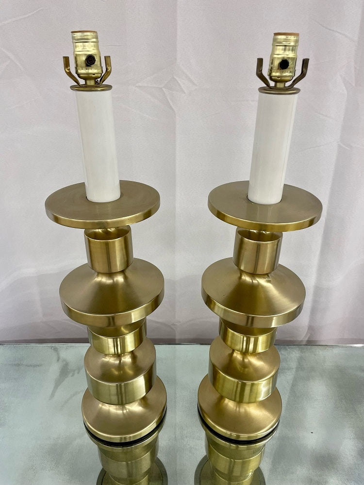 Pair of Hollywood Regency Solid Brass Table / Desk Lamps, Candlestick, Modern