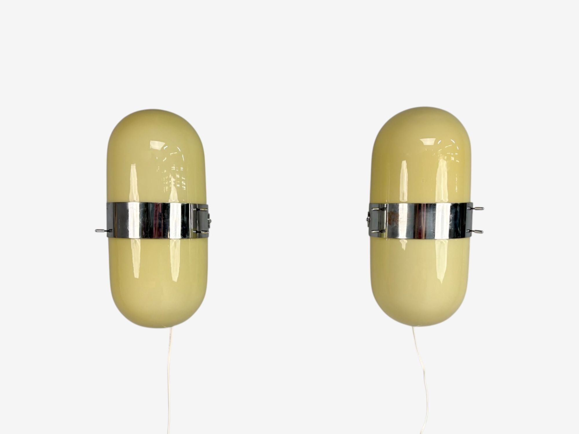 Italian Modern, Opaline Glass, Chrome, Space Age Wall Sconces, Italy, 1970s