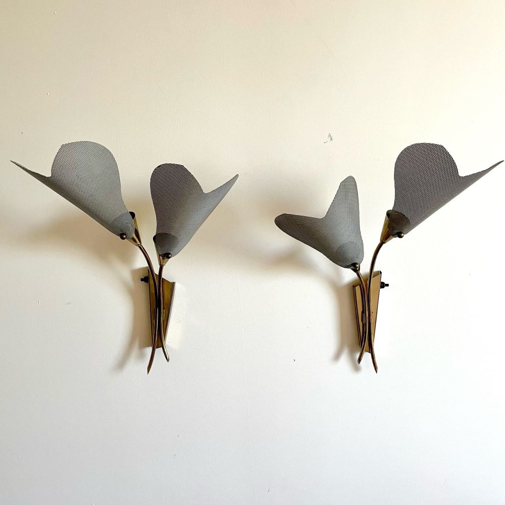 Pair of Italian Mid-Century Modern Sculptural Flower Sconces, Brass, 1940s
