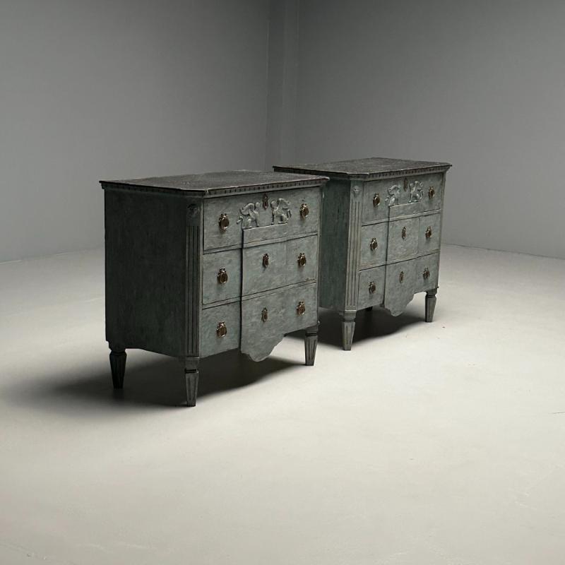 Gustavian, Swedish Commodes, Blue Paint Distressed, Brass, Sweden, 19th C.