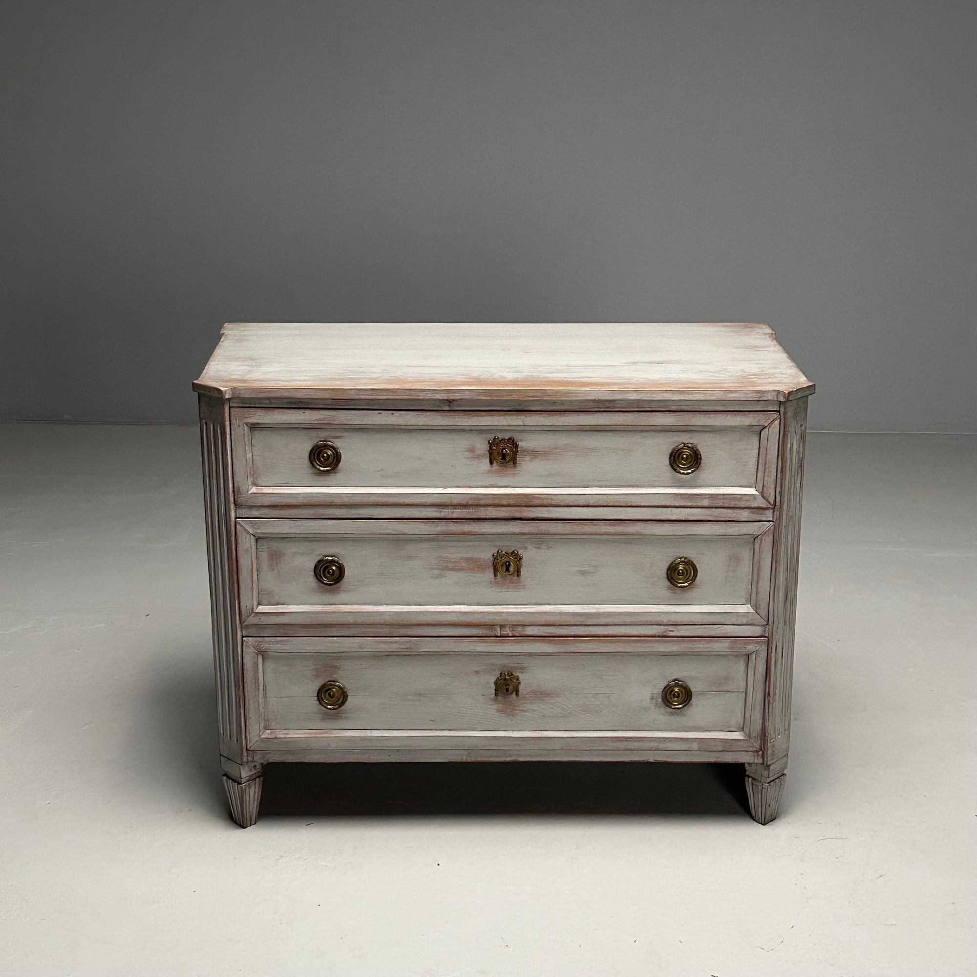 Gustavian, Swedish Commode, Gray Paint Distressed, Brass, Sweden, 1800s