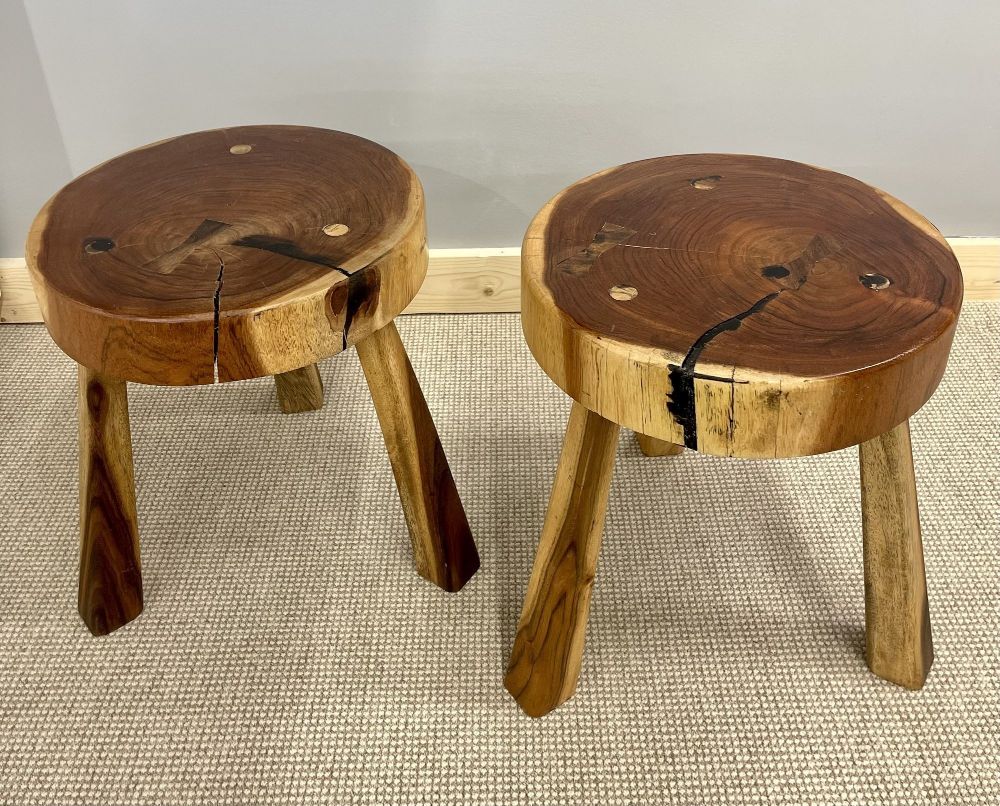 Pair Mid-Century Modern Nakashima Style Organic Wooden Two Stools / Side Tables