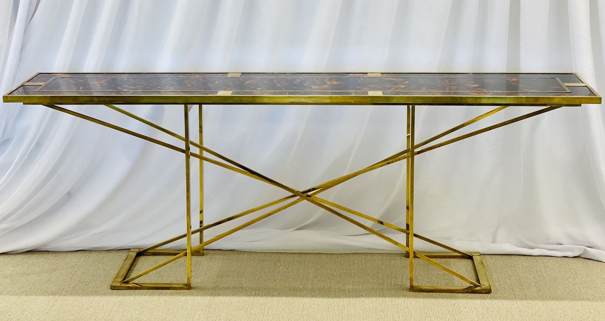 Romeo Rega Console Table, Faux Tortoise Top, Gilt Metal Base, Italy, 1970s