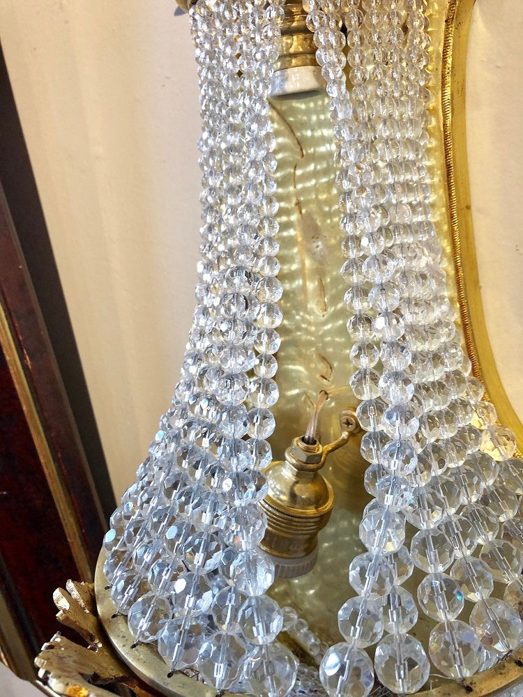 Pair of Louis XVI Style Bronze and Crystal Beaded Diminutive Wall Sconce