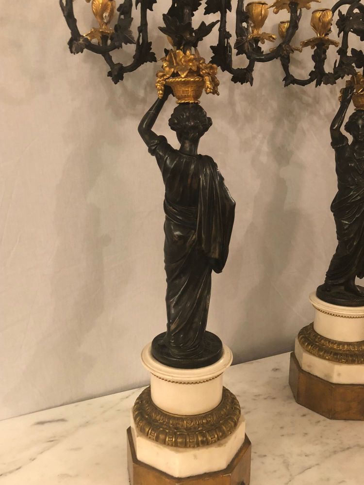Pair of Neoclassical Style Bronze Six-Arm Figural Candelabra