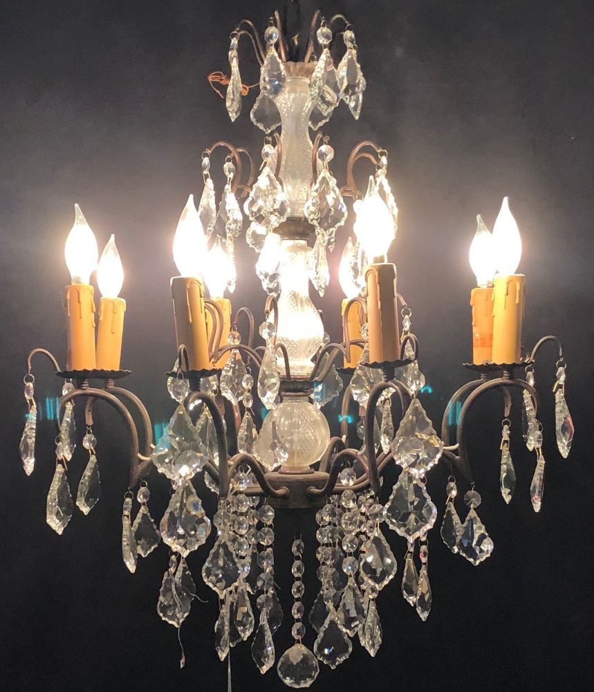 Copper Designed Metal and Crystal Chandelier with Centre Cut Glass Column