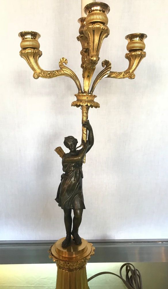 Empire Doré Bronze Candelabra Lamp Having a Patinated Woman Mounted as a Lamp