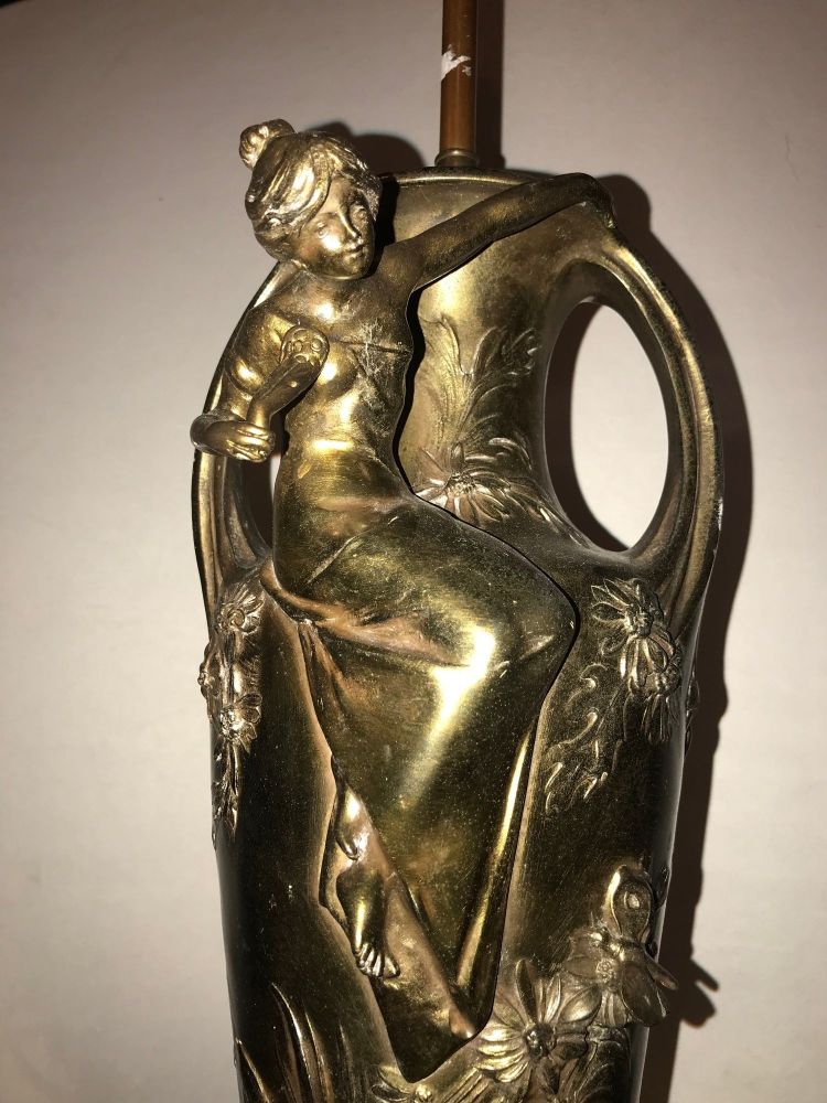 Pair of Art Nouveau Figural Urns Mounted as Lamps