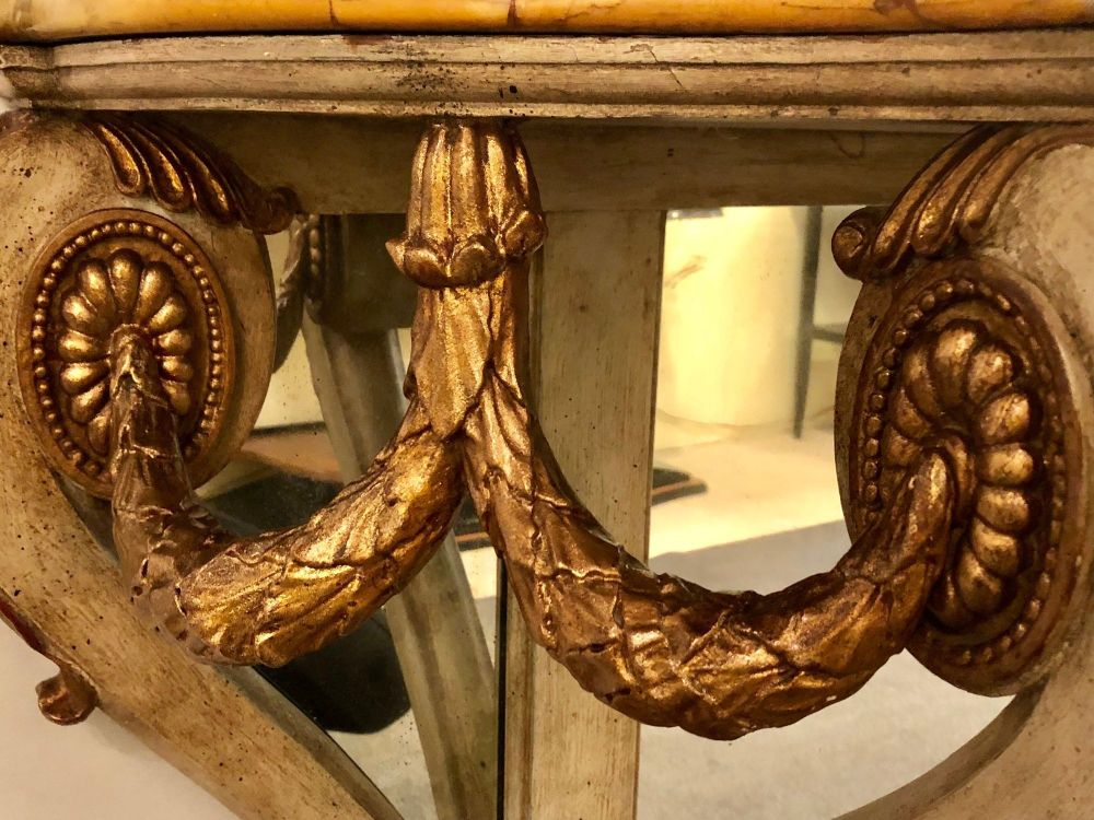 Neoclassical Style Marble-Top Bowed Table Mirrored Back Gilded Dolphin Accents