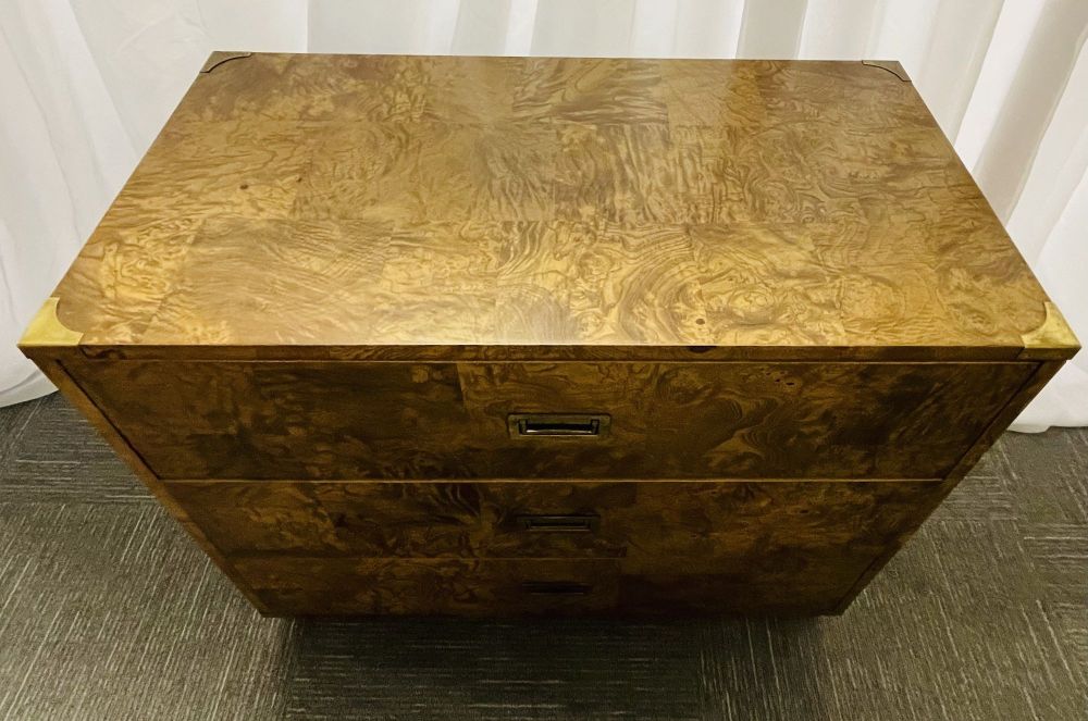 A Burlwood Campaign Chest, Nightstand or End Table.