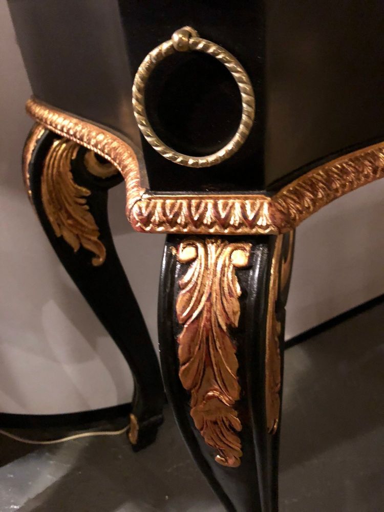 Ebony and Parcel-Gilt Decorated Console / Sofa Table with Fine Beveled Glass Top