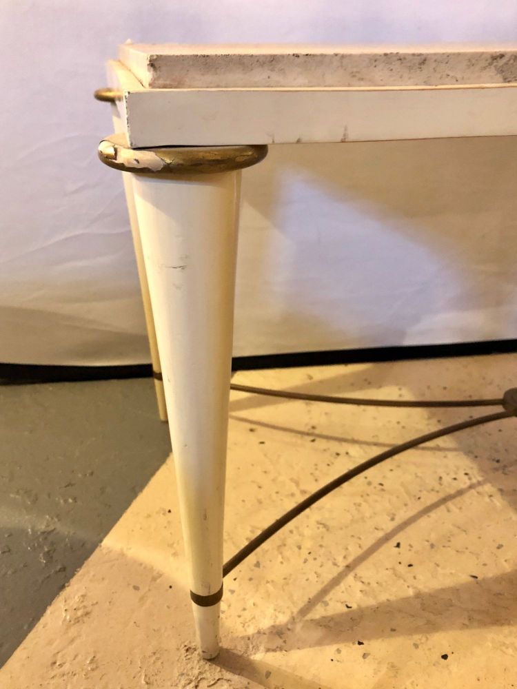 Mid-Century Modern Coffee Table Inset Travertine Marble-Top and Brass Stretcher