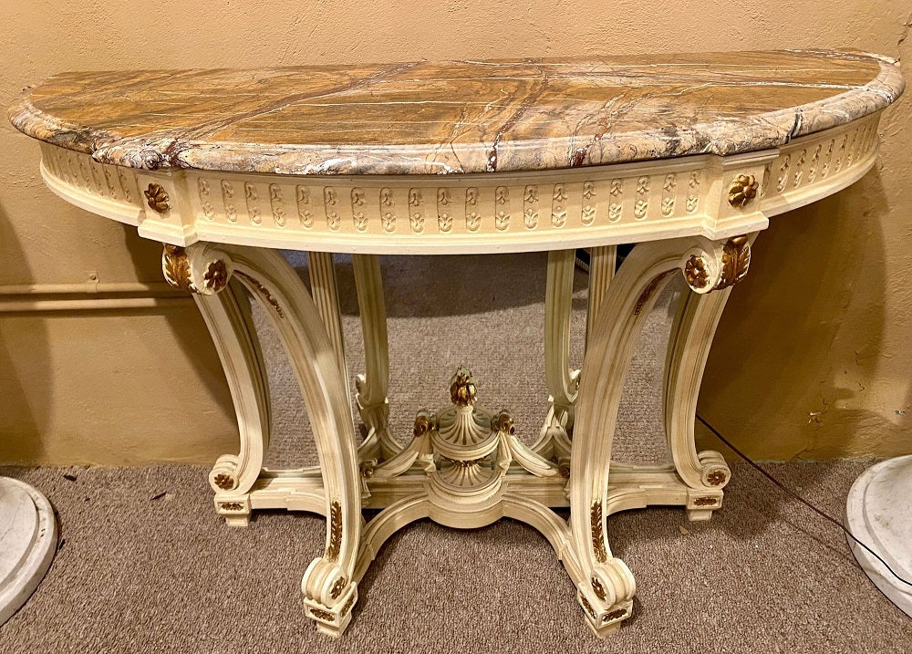 Demilune Console Hollywood Regency Style Marble-Top with Beveled Mirror Back