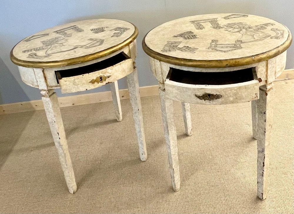 Gustavian Pair of End, Side Tables, Swedish Paint Decorated, Fornasetti Style
