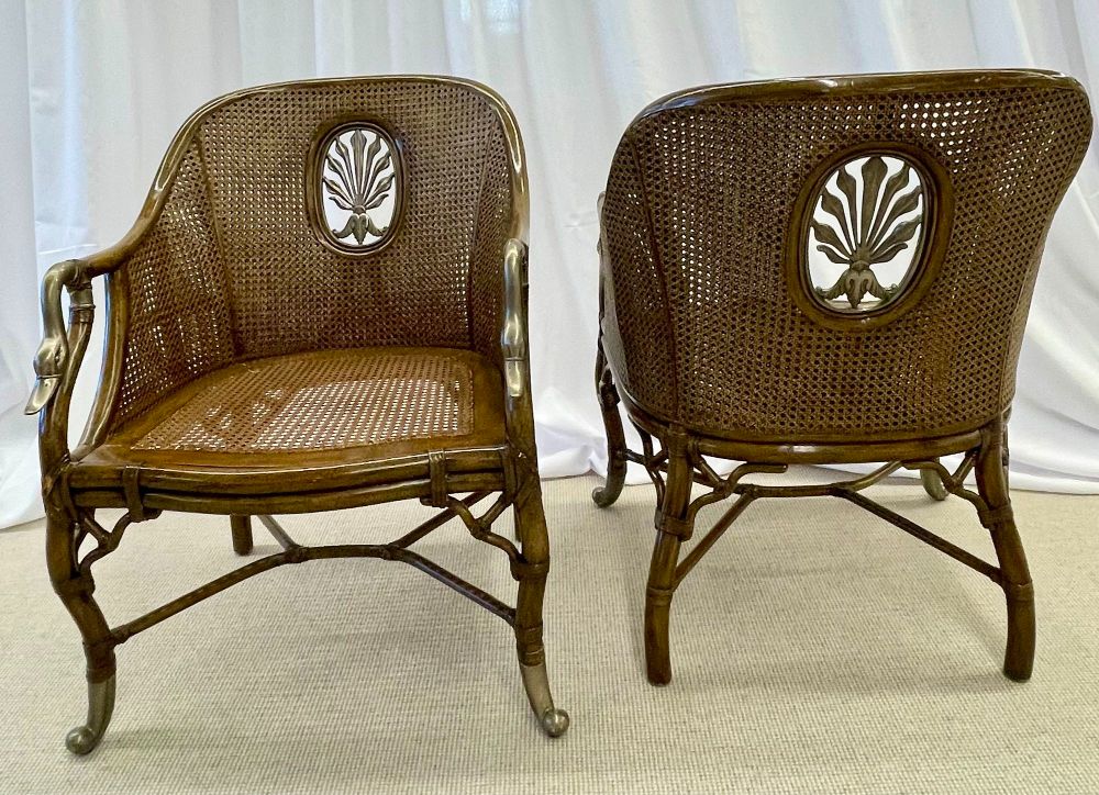 Pair of French Bergère Swan Arm, Lounge Chairs, Silver Metal, Cane, Tortoise
