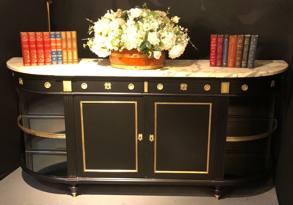 Jansen Hollywood Regency Sideboard, Console, Ebony w Marble Top and Bronze Deco