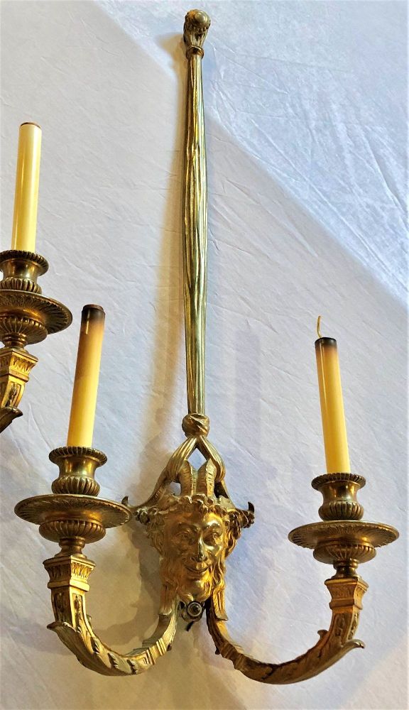 Pair of Dore Bronze Sconces having Horned Bacchus Masks in Louis XVI Style