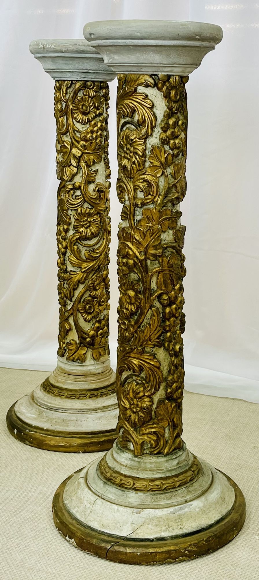 Pair of Giltwood and Paint Decorated Italian Columns, Pedestals, Gustavian Style