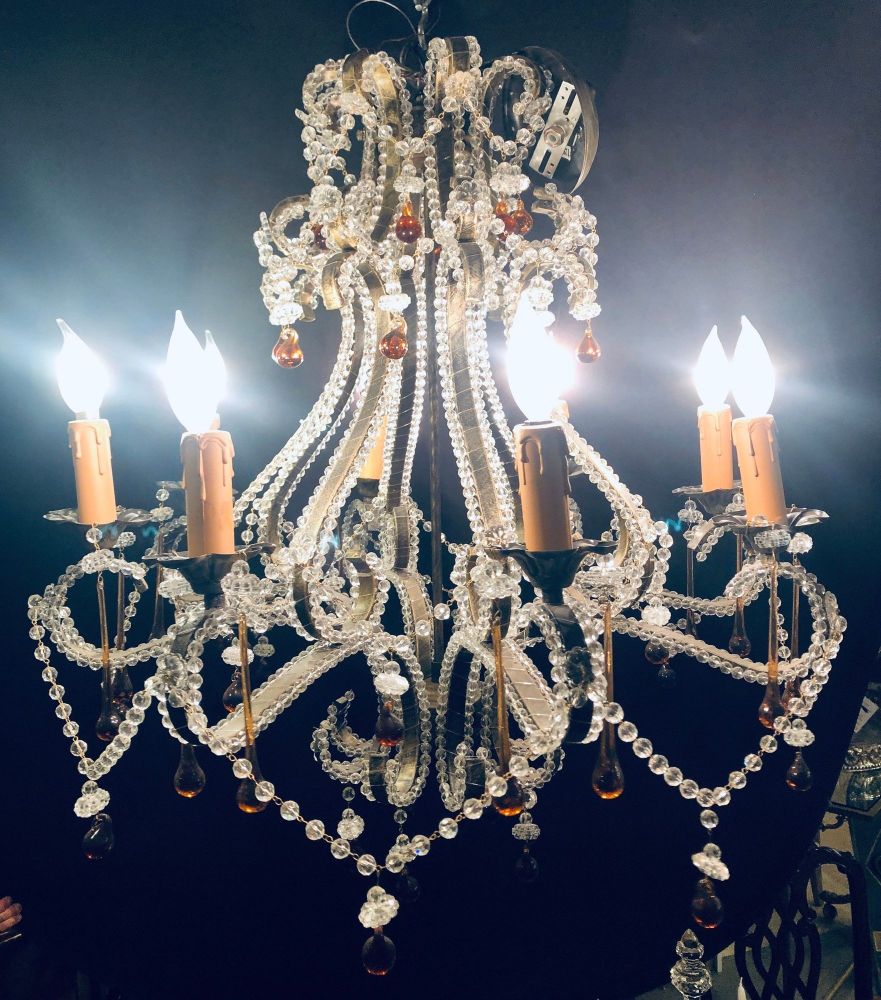 Eight Light Beaded Chandelier with Colored Tear Drop Prisms, circa 1960