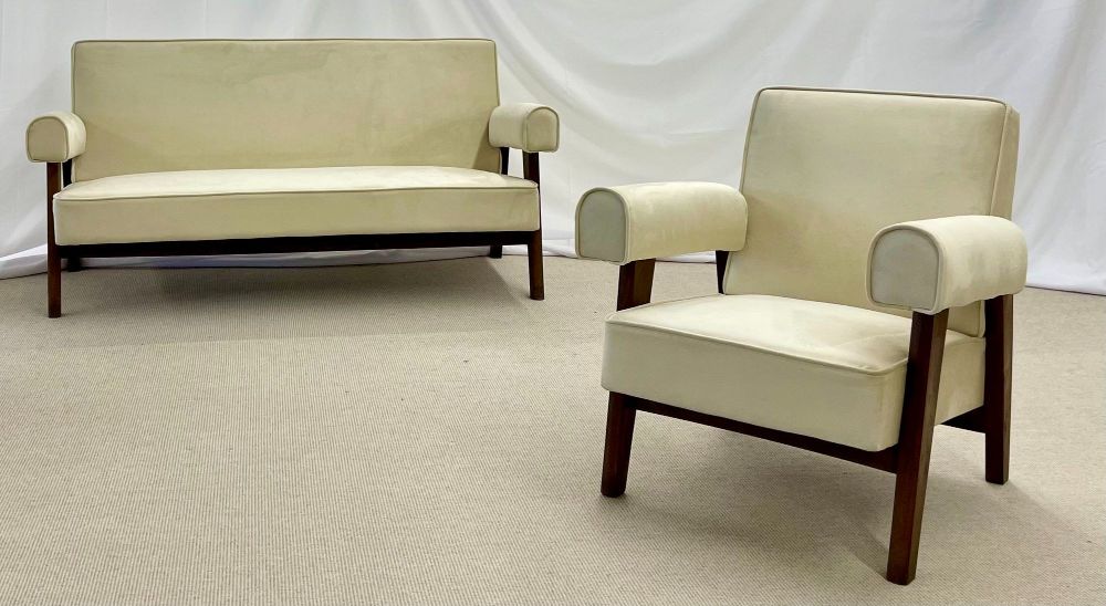 Pierre Jeanneret, French Mid-Century Modern, Bridge Sofa Set, Teak, Suede