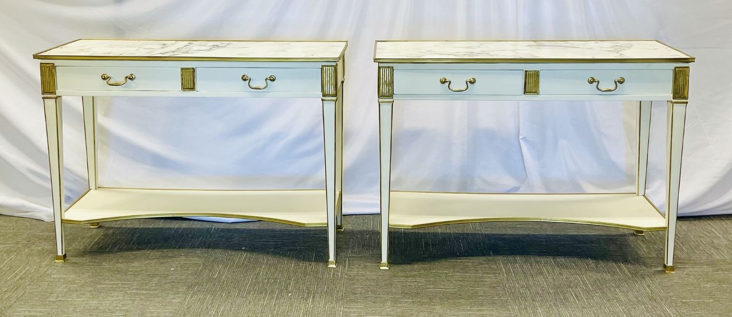 Pair of Hollywood Regency Neoclassical White Sofa, Console Tables, Maison Jansen