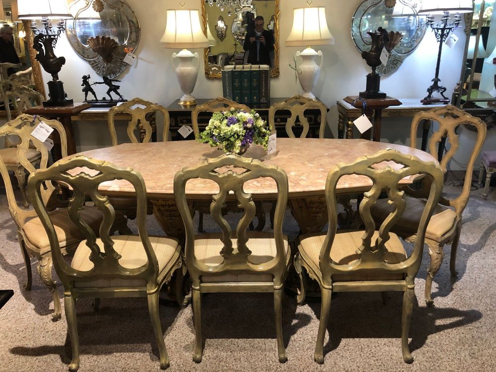 Palatial Italian Carved and Painted Base Marble Top Center or Dining Table