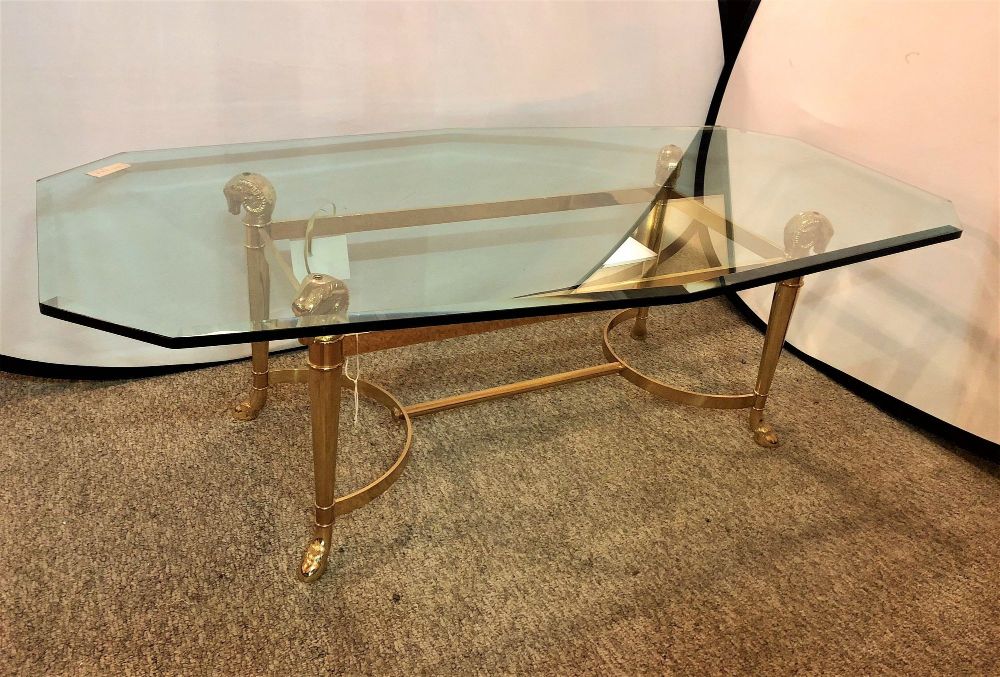 Manner of Jansen Octagon Glass Coffee Table Heavy Brass Ram Head