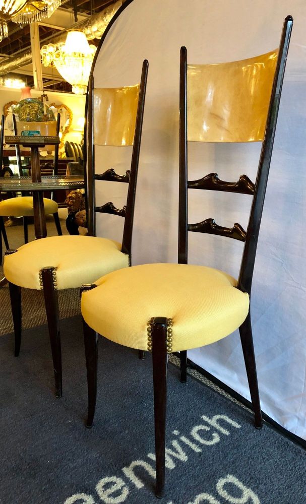 Set of Six Italian Aldo Tura Side Dining Chairs in Goatskin and Parchment