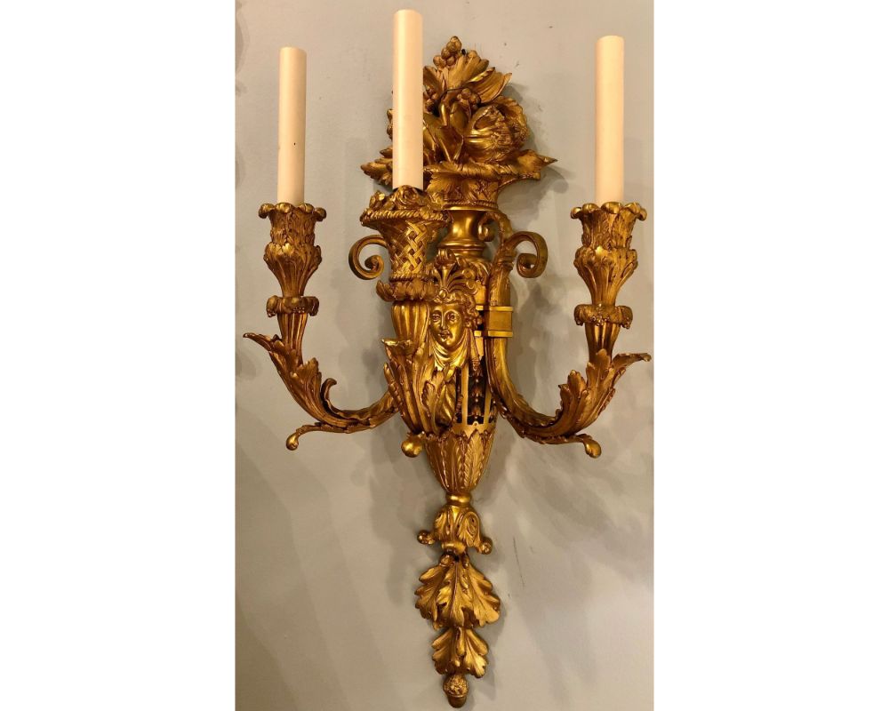 Pair of Three-Arm Bronze Wall Sconces French Louis XVI Style Bronze Dore
