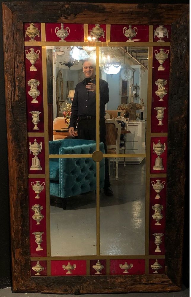 Rustic Italian Wall Mirror with Reverse Painted Classical Vases and Urns