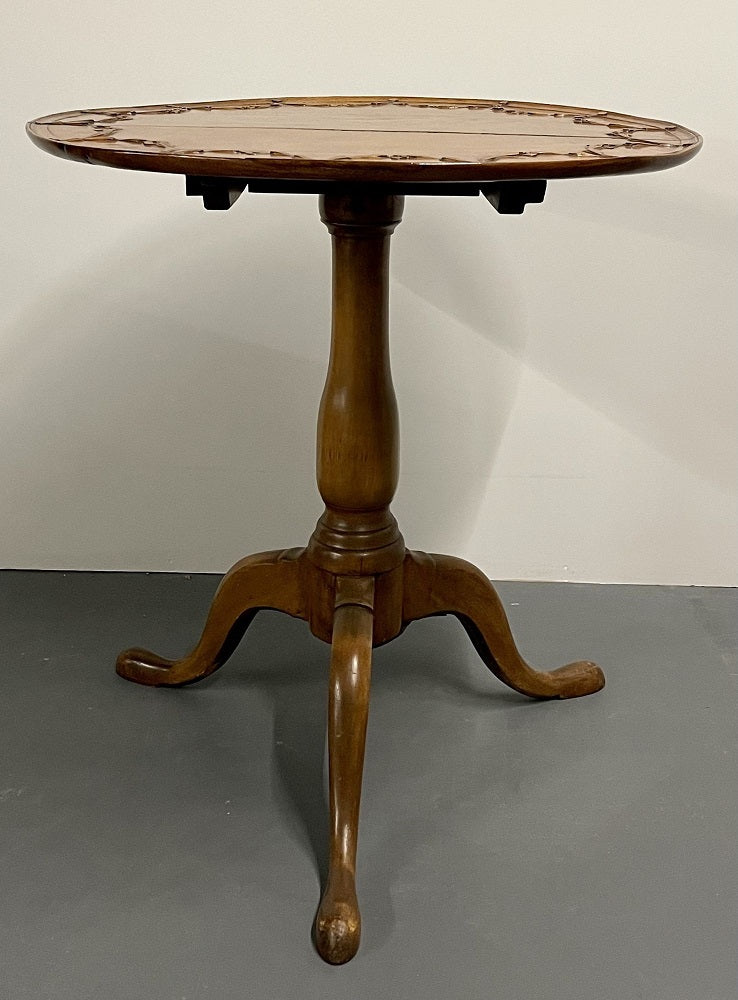 19th Century American Pie Crust Table, Tilt Top, Solid Wood Carved.