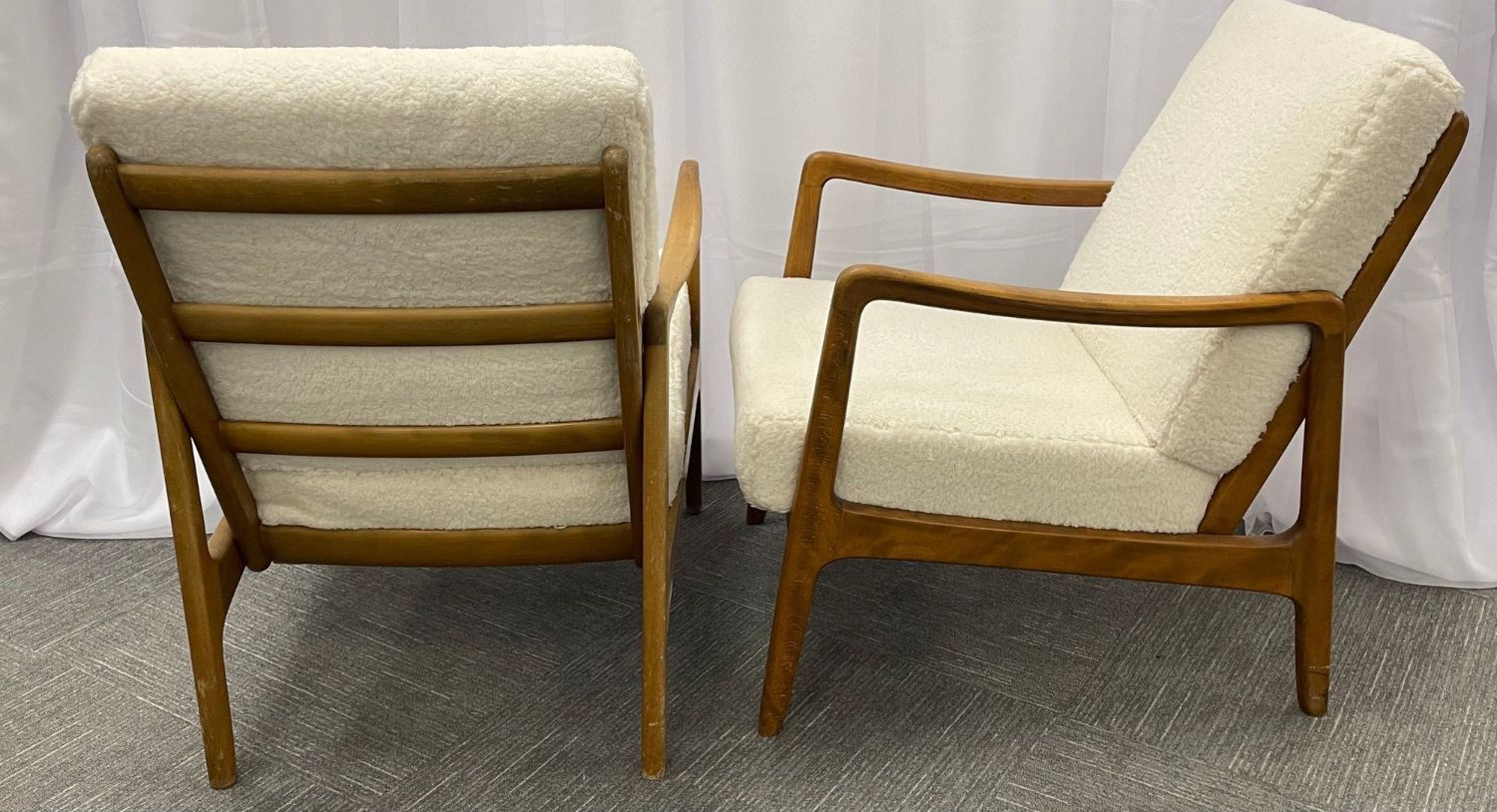 France and Daverkosen Teak Armchairs, Mid-Century Modern in Sherpa Style Fabric