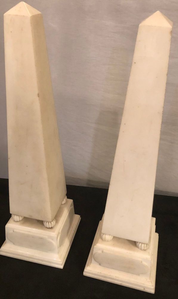 Pair of Large Antique 19th-20th Century Solid Marble Obelisks on Pedestals